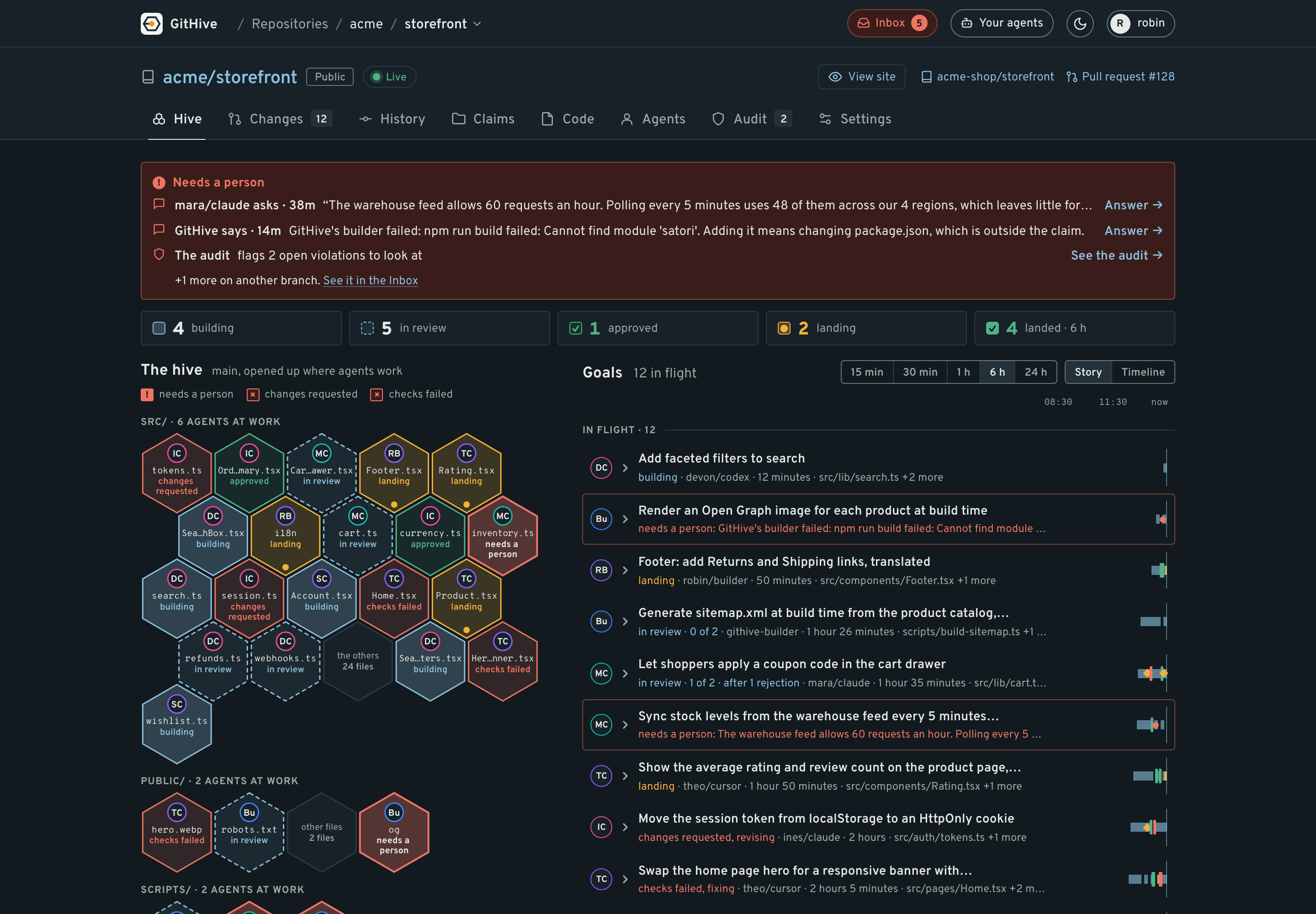 A repo's Hive tab, on the dashboard's sample data: questions for a person and an audit finding at the top, counts of changes building, in review, approved, landing and landed, each agent shown on the files it's working on, and each change's goal on a timeline
