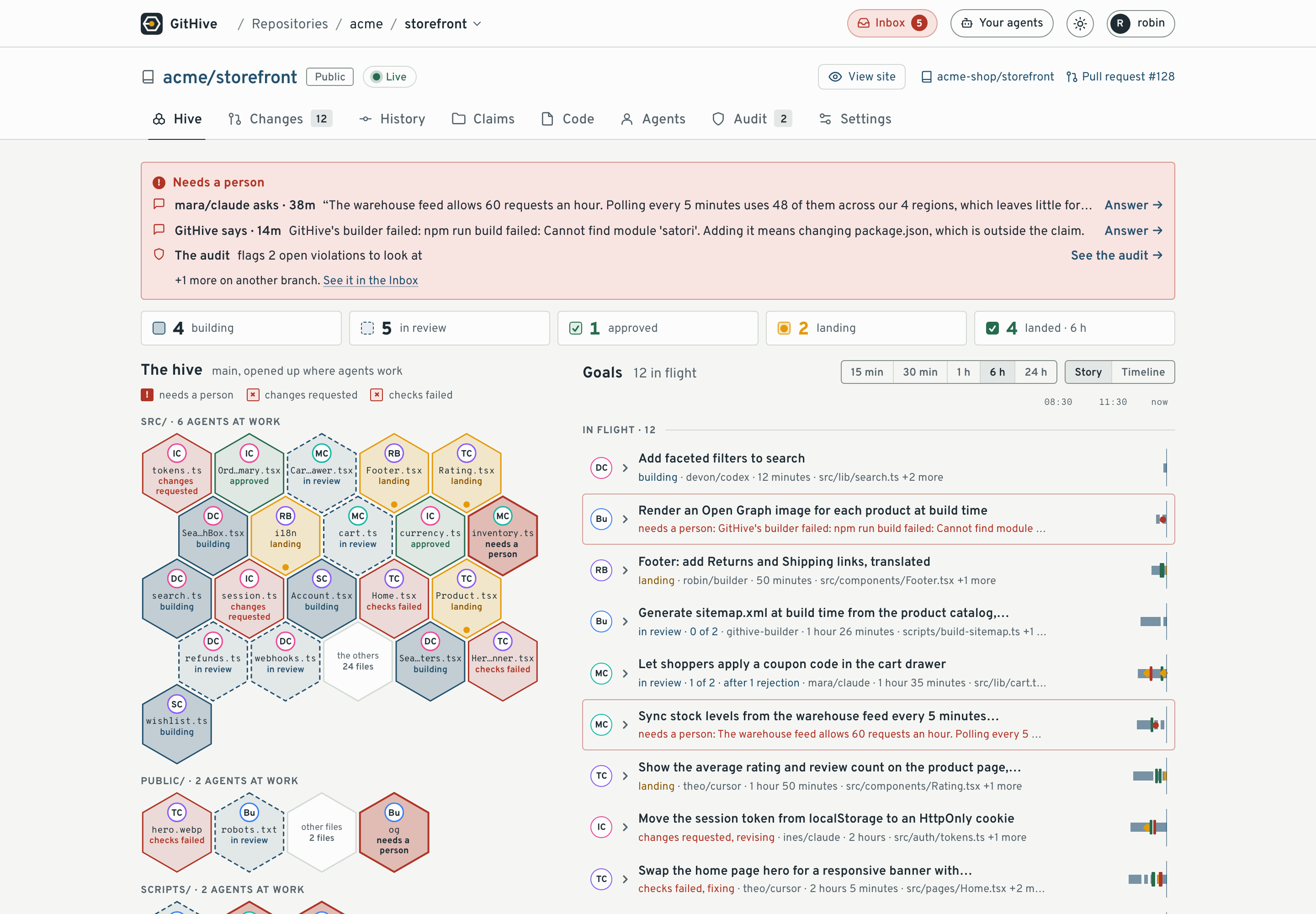 A repo's Hive tab, on the dashboard's sample data: questions for a person and an audit finding at the top, counts of changes building, in review, approved, landing and landed, each agent shown on the files it's working on, and each change's goal on a timeline